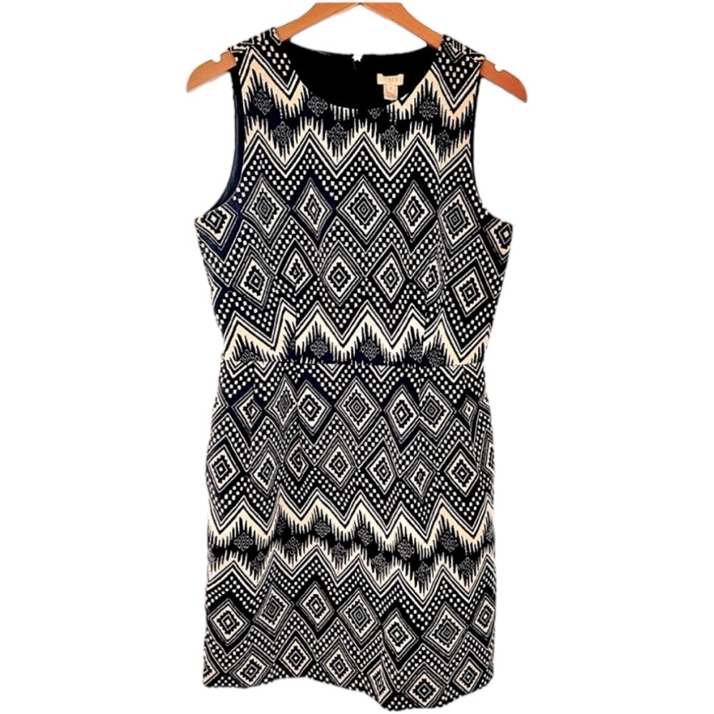 J. Crew Pockets Ikat Black Sleeveless Diamond Basketweave Sheath Dress Size 8
